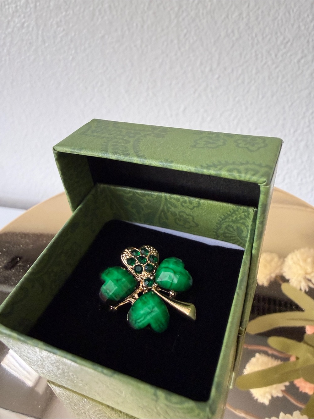 Green Four Leaf Clover Brooch Pin with Gold Accents